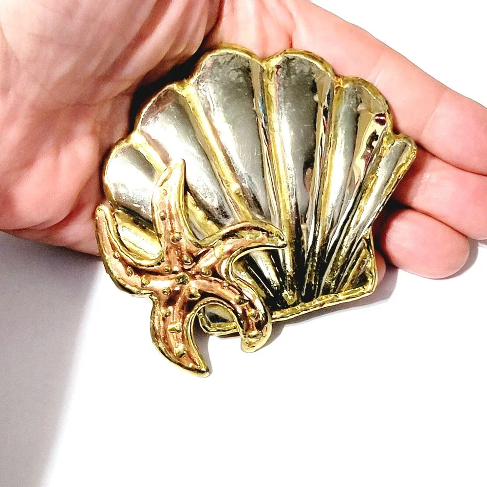 Vintage Gold Silver Copper Shell Brooch Starfish Large Mixed Metal Figural Pin
